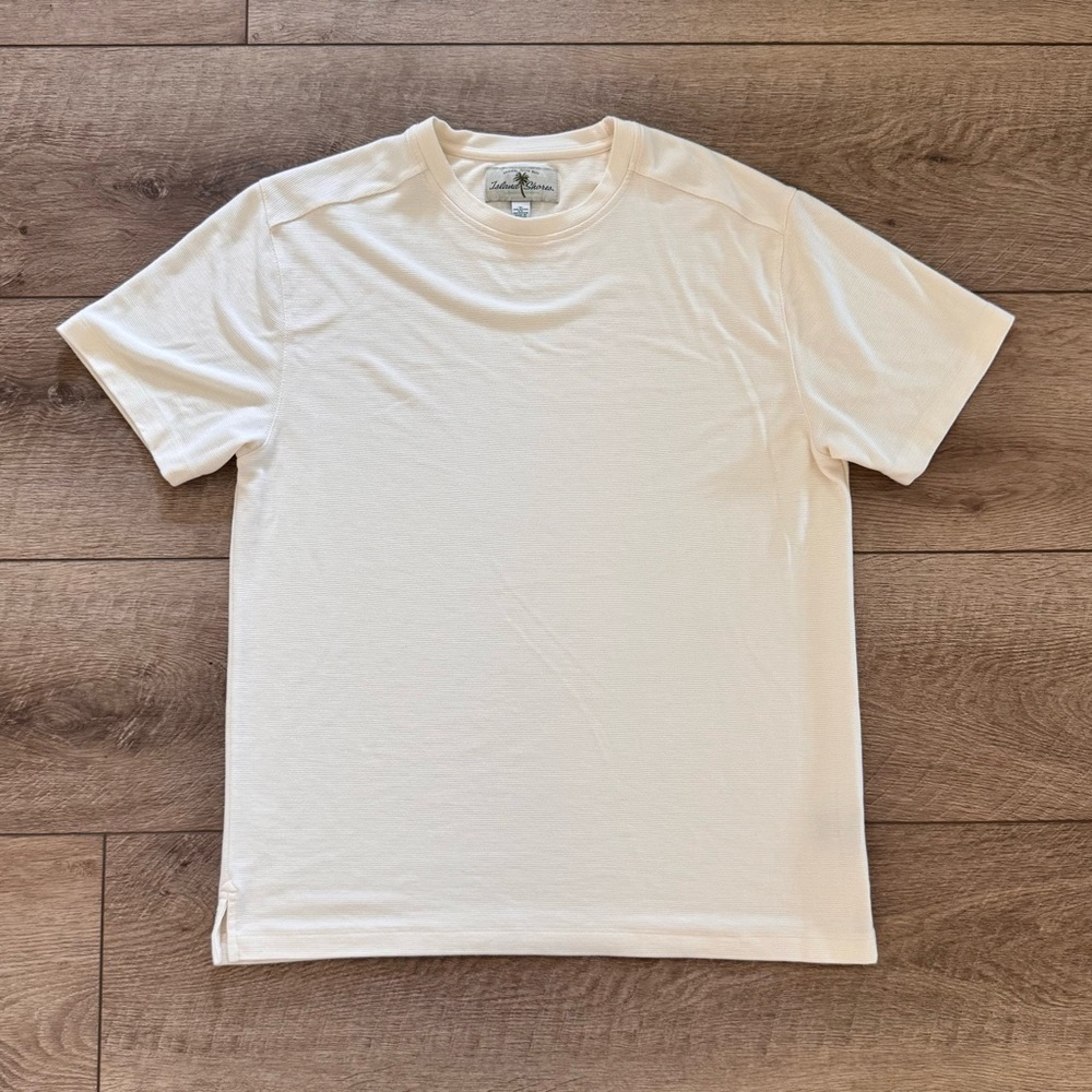 Soft Ribbed Knit Short Sleeve Minimalist Men's Crew Neck Shirt Cream Size M
